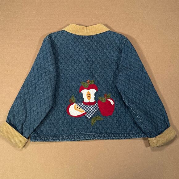 Vintage Quilted Denim Jacket With Corduroy Collar And Apple Patches Sz Large - Picture 2 of 8